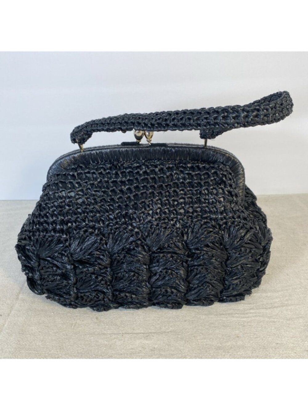 VTG Black Straw Raffia Woven 124 Japan Purse Handbag Gold Tone Clasp Closure EUC - Picture 3 of 11